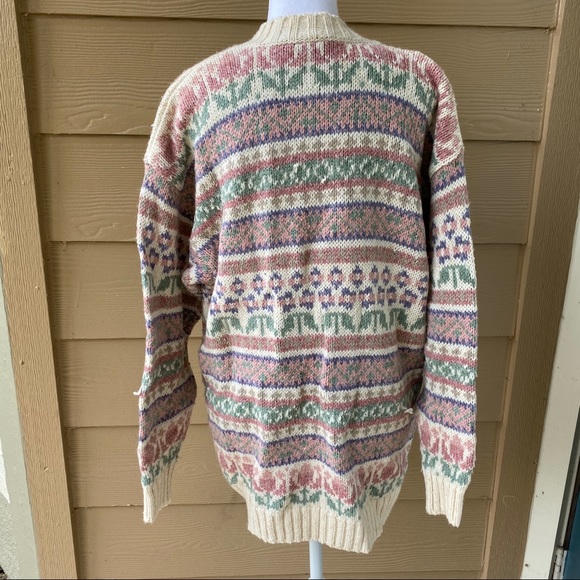 VTG Liz Sport Cream Pink & Light Green Chunky Button Up Cardigan Sweater - Picture 12 of 15